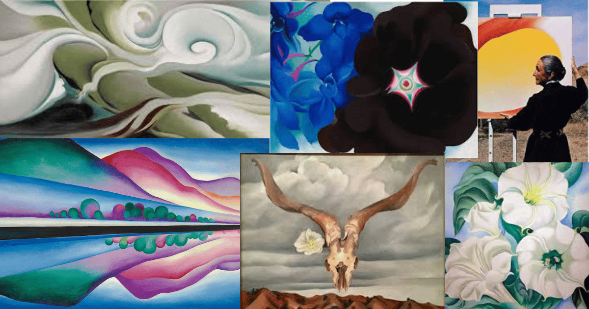 A collage of Georgia O’Keeffe’s paintings and a photo of the artist. The images include swirling desert landscapes, close-ups of vibrant flowers in deep blues, whites, and greens, a dramatic longhorn skull set against stormy clouds, a colorful mirrored mountain scene, and O’Keeffe herself painting a large canvas with a bold yellow and red sun. The collection showcases her use of limited yet vivid color palettes and her signature blend of abstraction and realism.