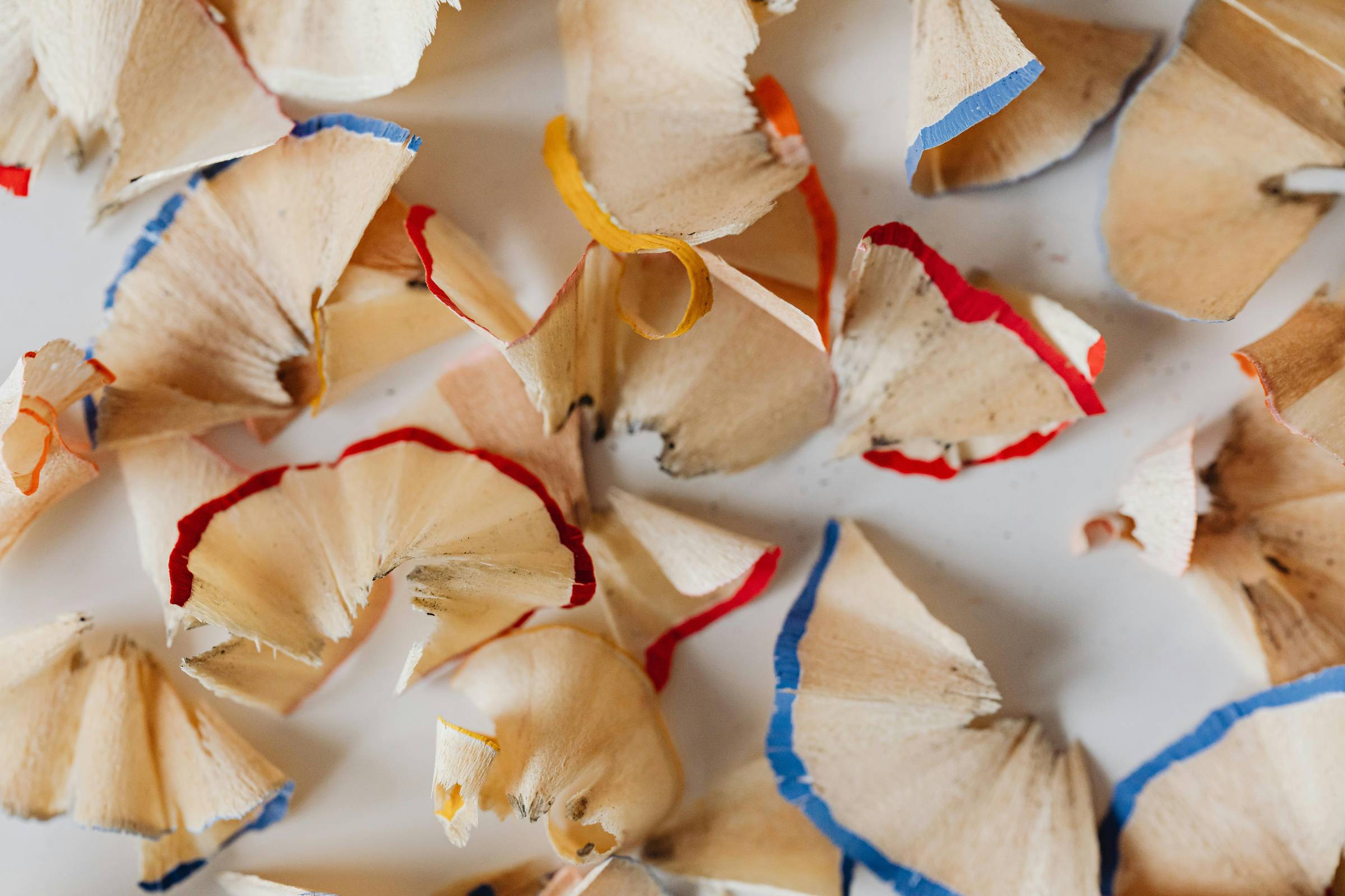 Close-up of colorful pencil shavings scattered across a white surface, with curled spirals in red, blue, yellow, and natural wood tones. Remnants of tools well used. 