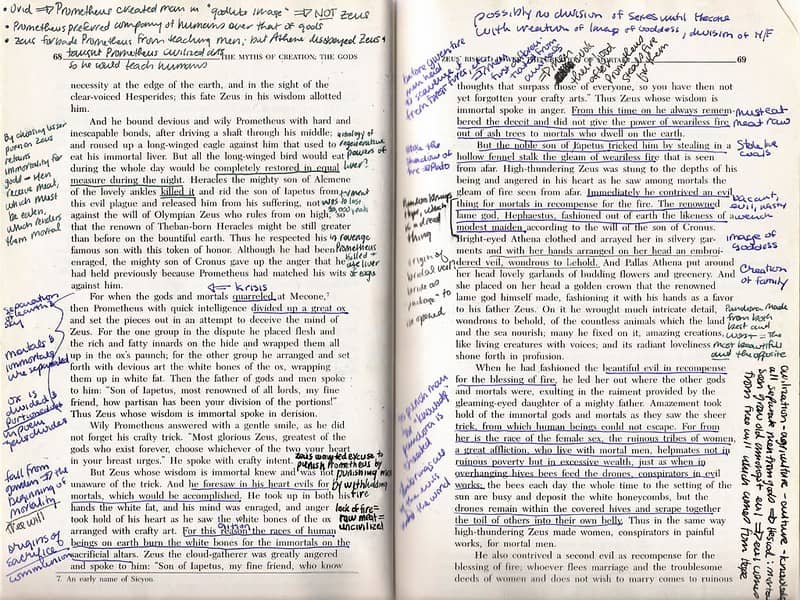 Two facing pages from a printed book, heavily annotated in blue and black ink. Nearly every margin is filled with handwritten notes—underlines, arrows, all-caps comments, questions, and cross-references. The printed text discusses Prometheus, Zeus, and the mythological origins of fire. The notes reflect a close, analytical reading, with interpretations, historical references, and thematic observations crammed into every available space. A visual embodiment of deep engagement through marginalia.