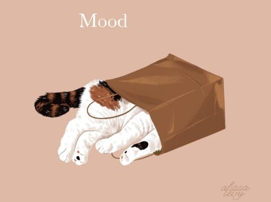 Illustration of a calico cat curled up with its entire body inside a brown paper bag, except for its back legs and striped tail sticking out. The image is labeled “Mood” at the top, evoking a cozy, hiding-from-the-world kind of vibe. Illustration by Alissa Levy.