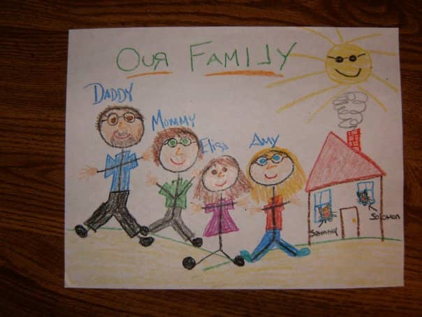A childlike crayon drawing labeled “Our Family.” Four smiling stick-figure people are drawn in bright colors and labeled “Daddy,” “Mommy,” “Elisa,” and “Amy.” Beside them is a small red-roofed house with a smoking chimney, two cats in the window, and a sun wearing sunglasses in the corner.