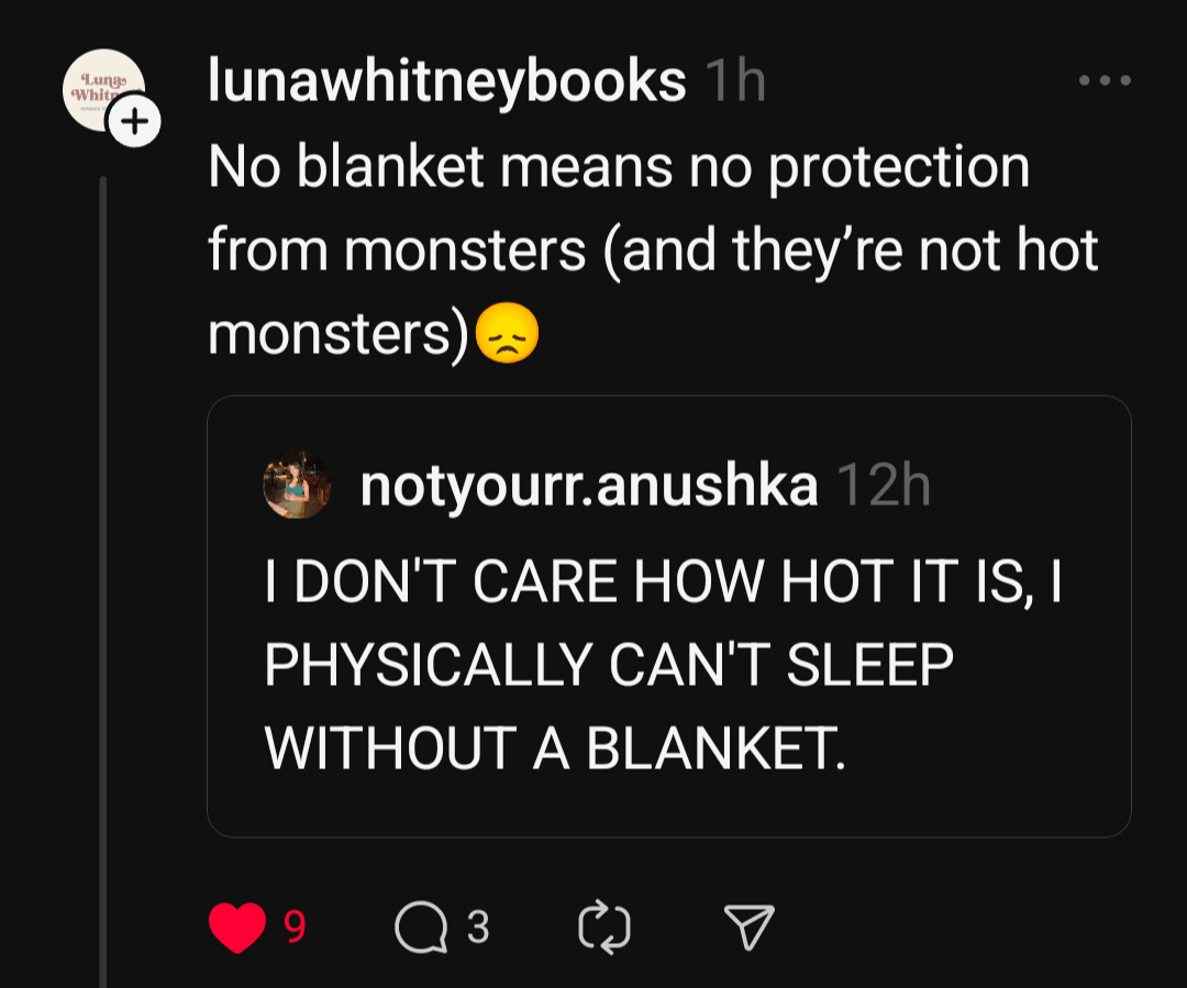 A social media post features a comment thread. The original post by user notyourr.anushka says, “I DON’T CARE HOW HOT IT IS, I PHYSICALLY CAN’T SLEEP WITHOUT A BLANKET.” The reply from lunawhitneybooks reads, “No blanket means no protection from monsters (and they’re not hot monsters)” followed by a worried face emoji.