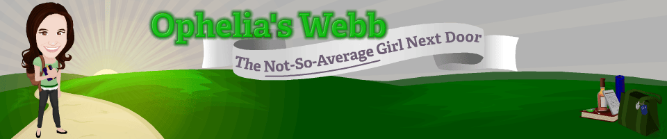 A cartoon woman with long brown hair, backpack, and green shirt smiles on a path leading into rolling green hills beneath a sunrise. The header text reads “Ophelia’s Webb” in green with a scroll banner underneath: “The Not-So-Average Girl Next Door.” On the right side: books, wine, a candle, and a bag on the grass.