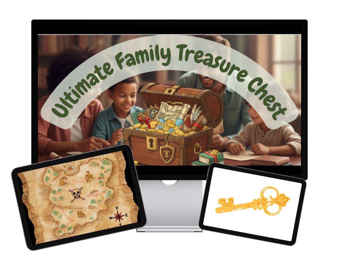 Image of kids at a table with a treasure chest of family activities in it.