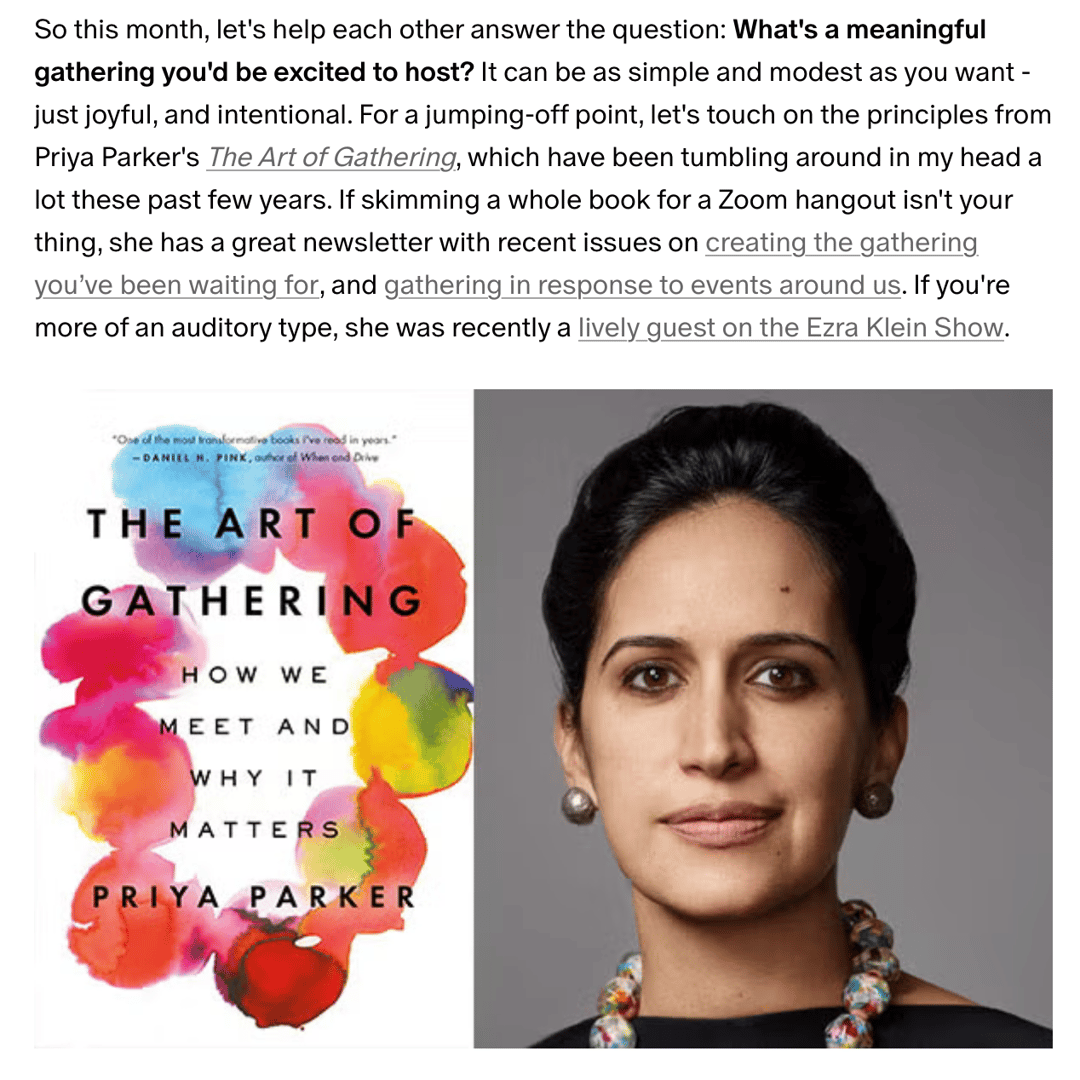 A screenshot of a Patreon post about Priya Parker's The Art of Gathering, including a photo of Parker and the cover of the book