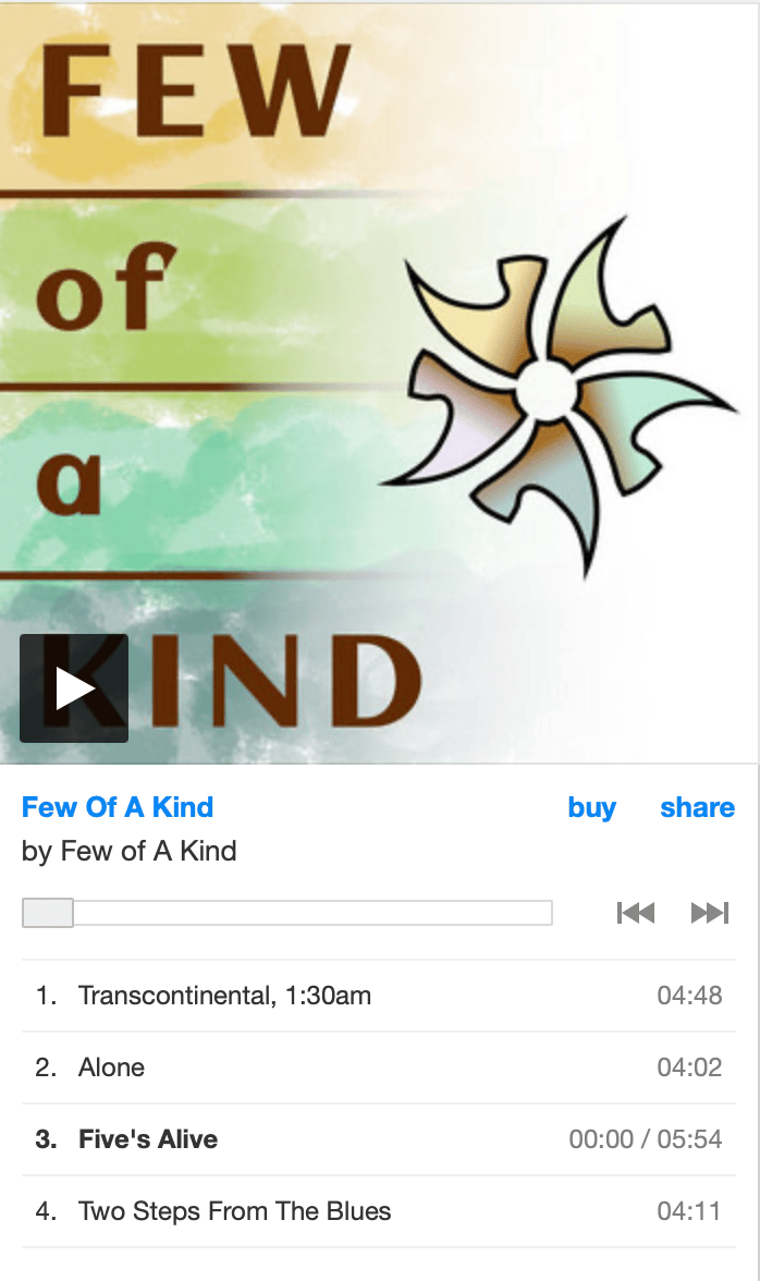 Preview of Few Of A Kind's EP, including album artwork in yellow/green/aqua/blue watercolor, and a track listing below.