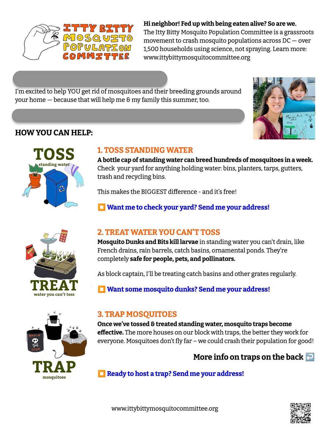 Screenshot of a flyer for the Itty Bitty Mosquito Population Committee, introducing Vienna as a block captain and providing tips on how to reduce mosquitoes. Gray bars blur out Vienna's address and contact info. The flyer includes a small square photo of Vienna and her daughter Arcadia, and a picture Arcadia drew of a mosquito trap.