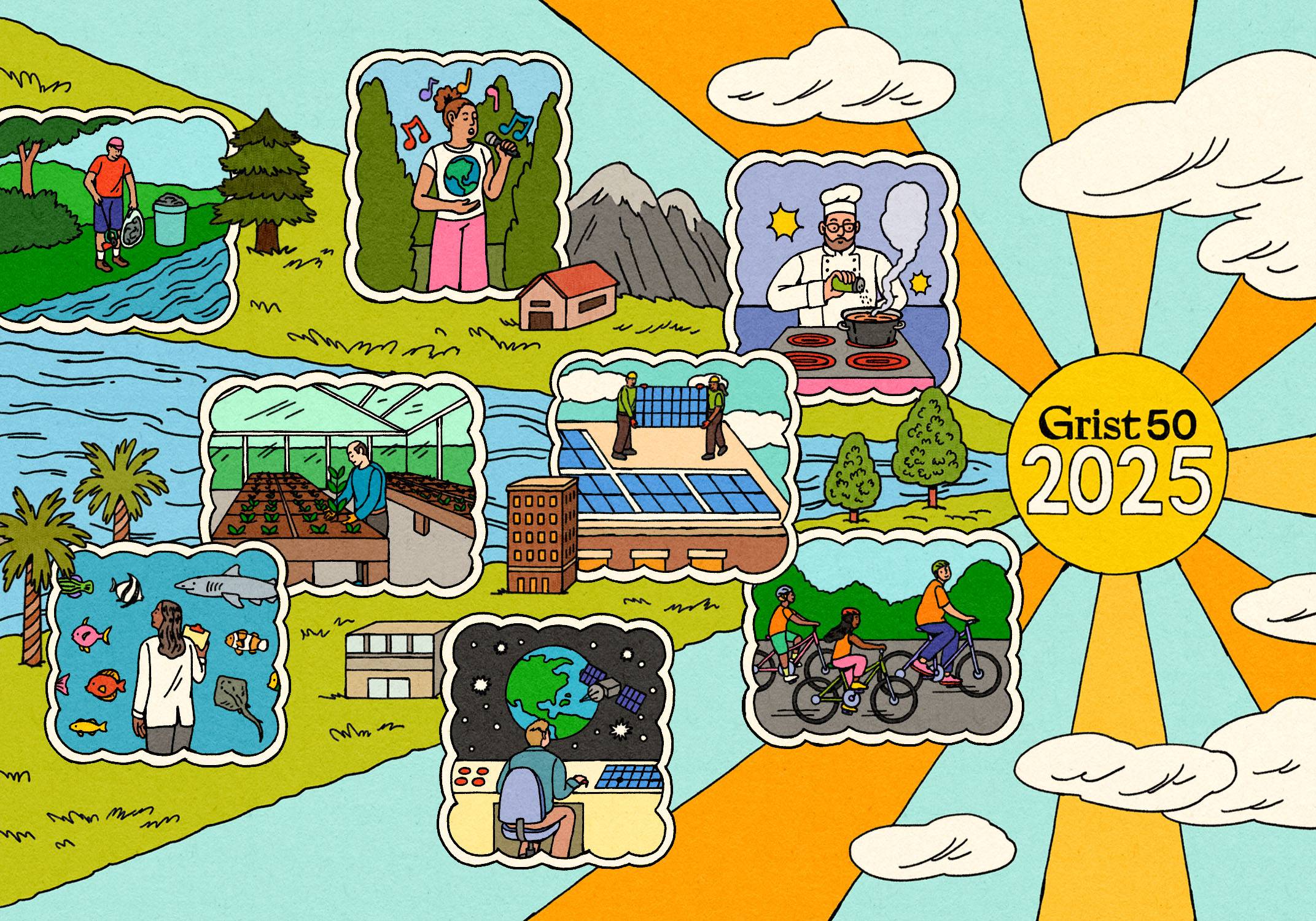 An illustrated graphic of a sun with "Grist 50 2025" at the center, and rays radiating outward into images of various climate solutions: a chef cooking, a family on bicycles, a scientist monitoring a satellite, a scientist studying fish, workers installin