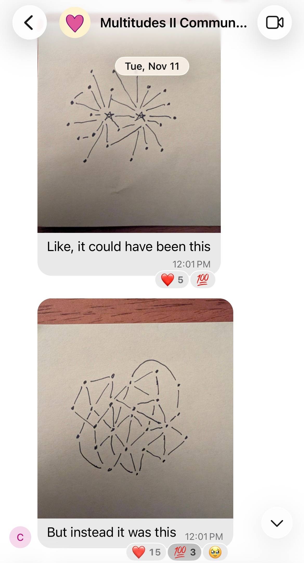 Screenshot of a Signal group chat, the name of which is partially visible at the top: "Multitudes II Commun..." Someone has posted a hand drawing with the caption "Like, it could have been this", of two stars surrounded by dots, lines drawn almost exclusively between one star and one individual dot. A second hand-drawn picture has the caption "But instead it was this", showing many dots (no stars) connected by many different lines. The first drawing has 5 heart reactions and one "100" reaction; the second drawing has 15 heart reactions, 3 "100" reactions and one teary-eyed smile reaction.