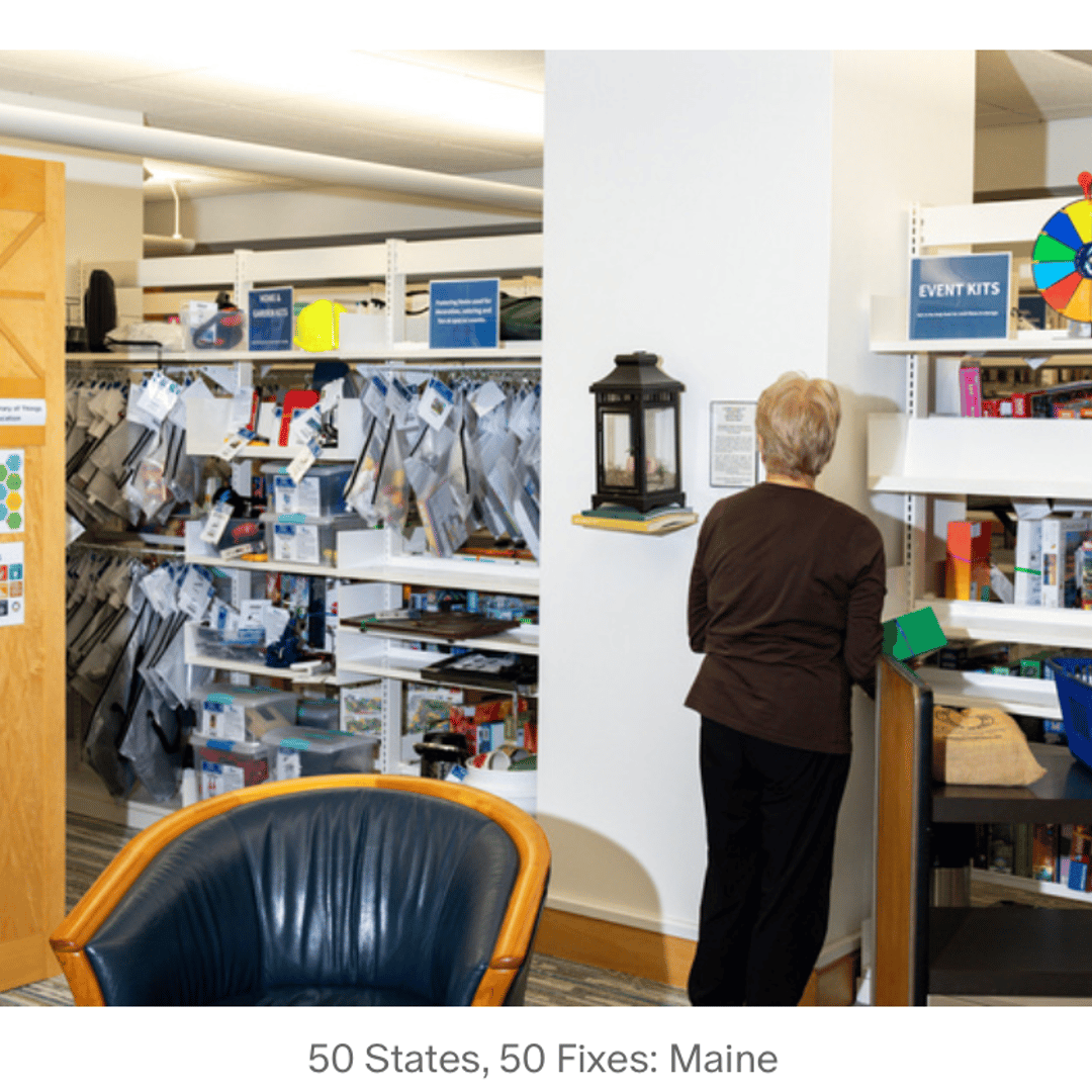 A New York Times photo of a tool lending library in Maine, with shelves stocked with kits and boxes of various sizes, all with tags. A short-haired person stands with their back to the camera, reading a sign on the wall. The caption in the image reads: "50 States, 50 Fixes: Maine"