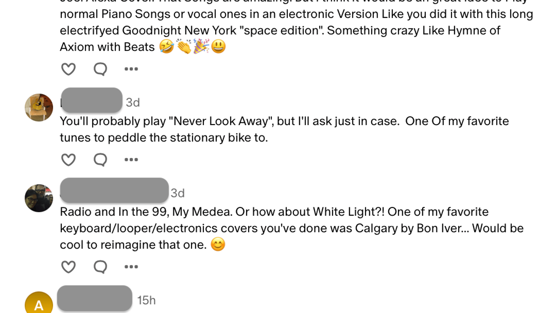 Screenshot of comments on Vienna's Patreon, requesting songs for the upcoming electronic-themed livestream. Requests include "Goodnight New York 'space edition'", "Hymne of Axiom [sic] with Beats", "Never Look Away", "Radio", "In the 99", "My Medea", "White Light", and "Calgary" by Bon Iver.