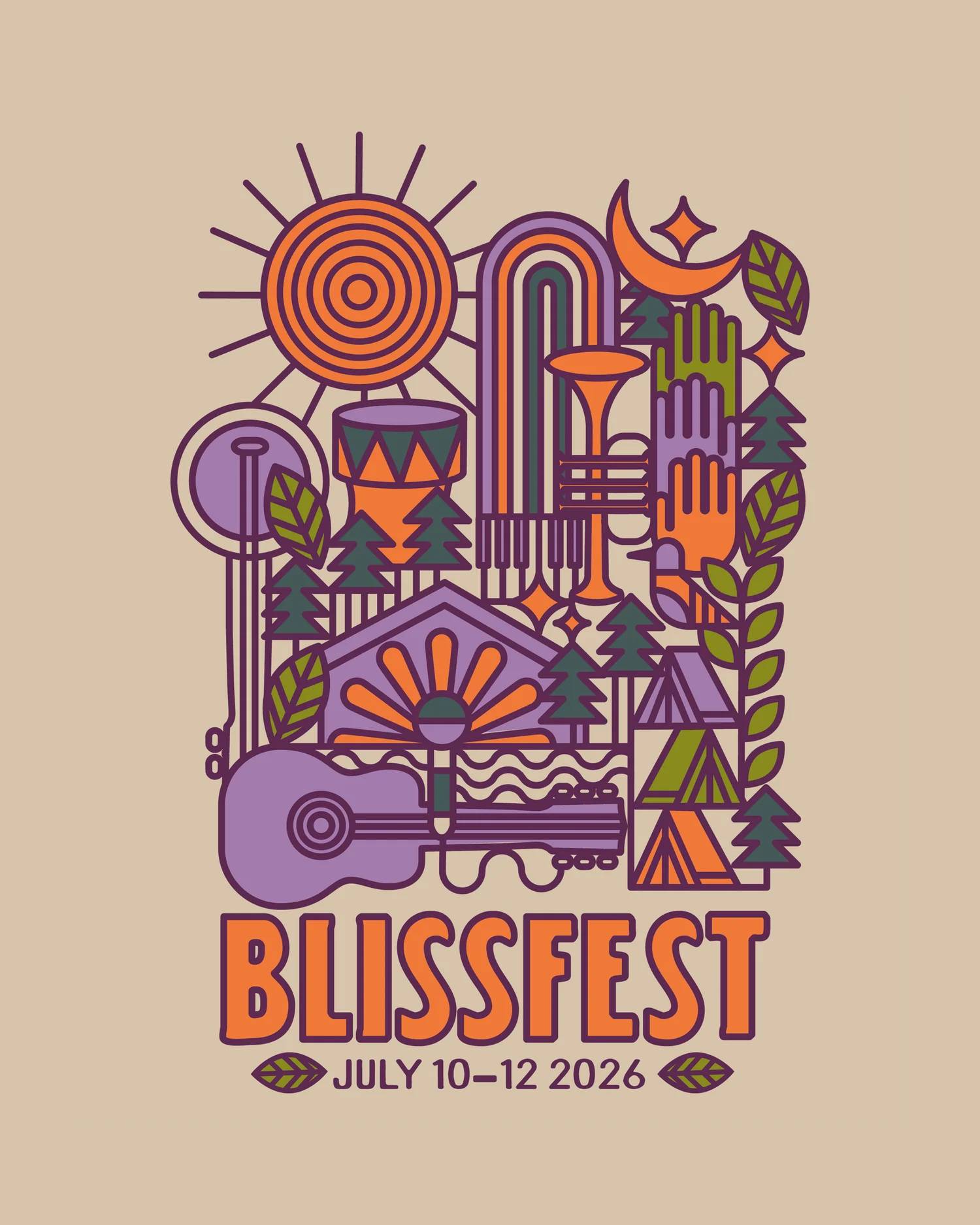 Graphic poster for Blissfest July 10-12 2026, on a light tan background. Motifs in the design include a sun, a trumpet, piano keys, hands, a banjo, a guitar, a microphone forming a sunburst against a cabin-like building, a drum, a bird, tents, trees, and leaves. The color palette is lavender, mandarin orange, light green, and almost-teal green.