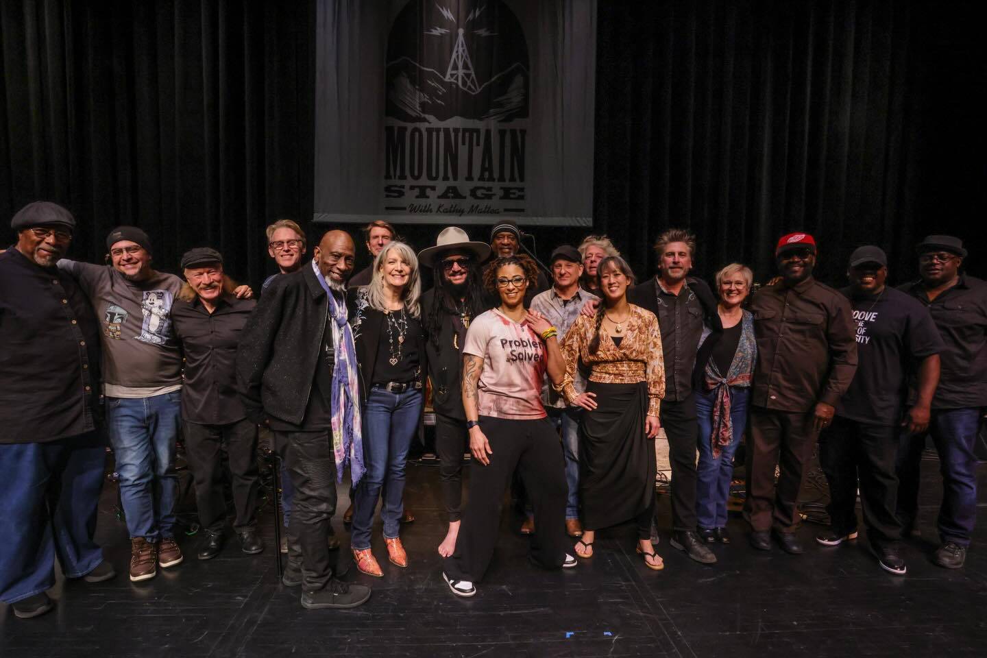 Group photo of Mountain Stage January 2025 performers, including Vienna Teng, Don Was and the Pan-Detroit Ensemble, Joe Crookston, William Matheny and his band, the Mountain Stage Band, and host Kathy Mattea