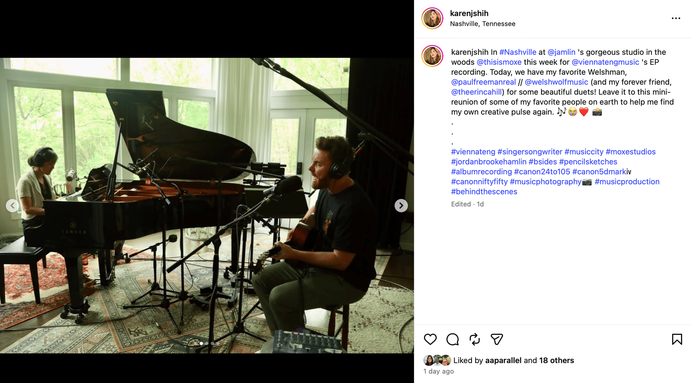 Instagram screenshot of a photo of Vienna recording at a grand piano with Paul Freeman playing guitar and singing in the same room. Large floor-to-ceiling windows overlooking trees and greenery are visible in the background, and brightly patterned carpets are laid in overlapping angles across the hardwood floor. Karen Shih's caption is visible on the right: "In #Nashville at @jamlin's gorgeous studio in the woods @thisismoxe this week for @viennatengmusic's EP recording. Today, we have my favorite Welshman, @paulfreemanreal // @welshwolfmusic (and my forever friend, @theerincahill) for some beautiful duets! Leave it to this mini-reunion of some of my favorite people on earth to help me find my own creative pulse again."