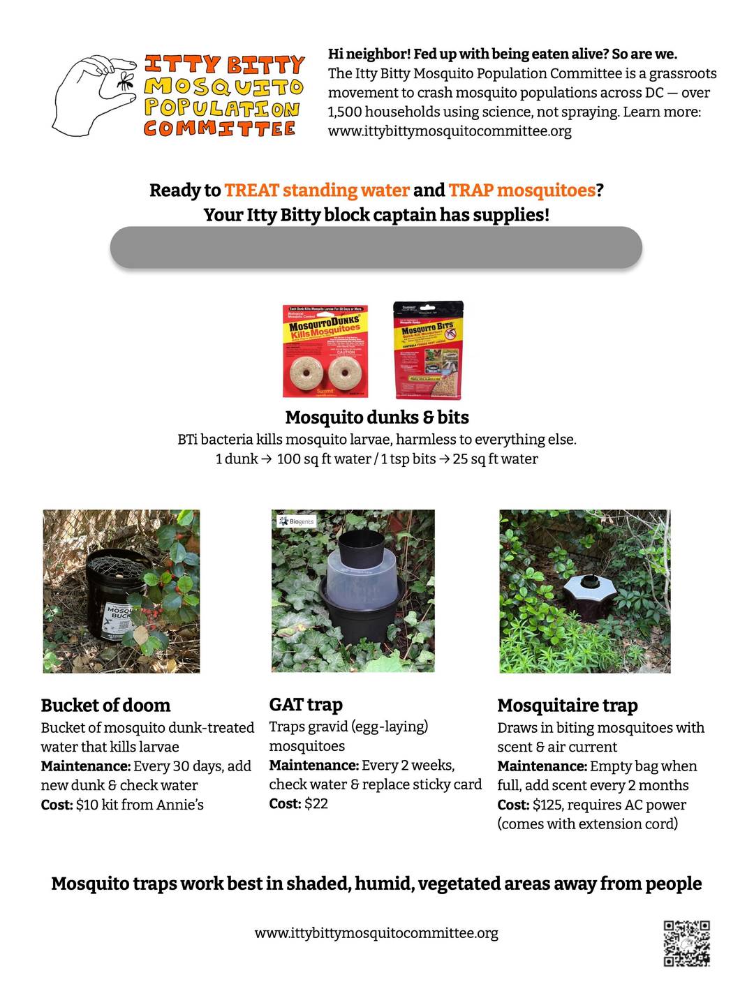 Screenshot of a flyer for the Itty Bitty Mosquito Population Committee, introducing Vienna as a block captain and providing tips on how to reduce mosquitoes. Gray bars blur out Vienna's address and contact info. This side of the flyer includes example photos of mosquito dunks and different types of mosquito traps.