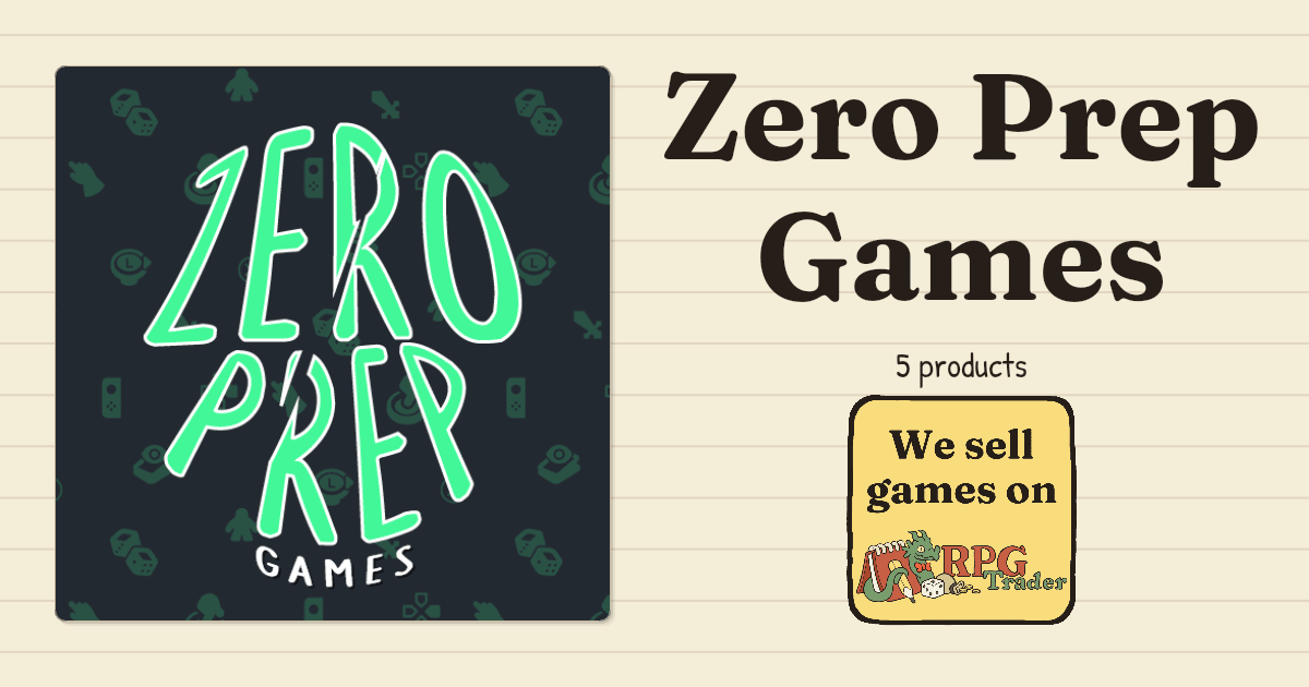 The Zero Prep Games store banner on RPG Trader, showing the green hand-lettered logo alongside the platform's "We sell games on RPG Trader" badge.