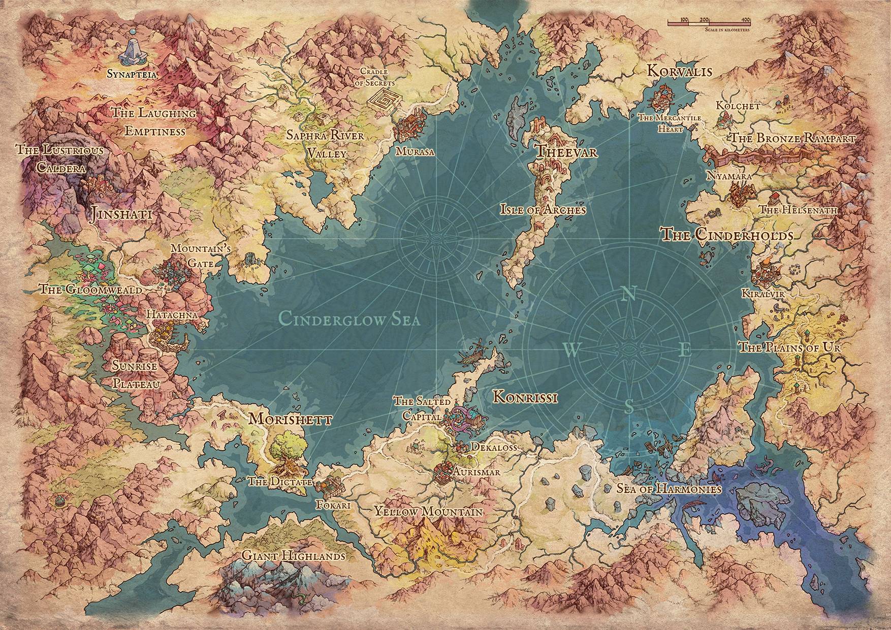 A richly illustrated fantasy world map of the Cinderglow Basin, centred on the teal Cinderglow Sea and surrounded by named regions, mountain ranges, and settlements.