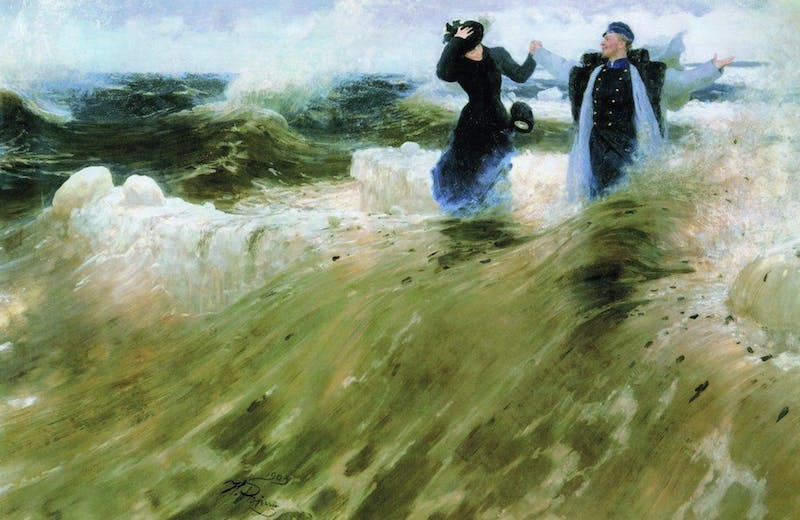A man and a woman, fully clothed, revelling in the sea surf before a storm.