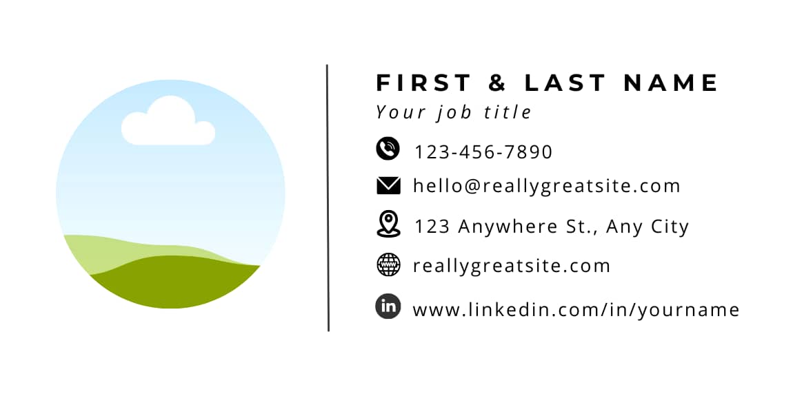 An example email signature with first and last name, job title, phone number, email, address, website and LinkedIn profile.