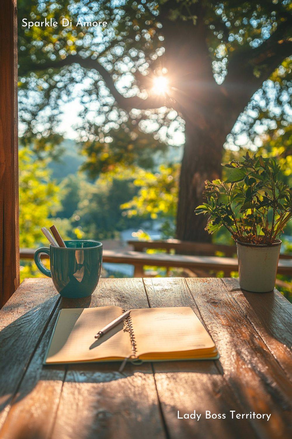 Start your day with mindful self-care rituals. This serene scene of a journal, a cozy cup of tea, and morning sunlight streaming through the trees inspires a peaceful and productive mindset. Explore how outdoor journaling and intentional routines can empower your mind and body for the day ahead.