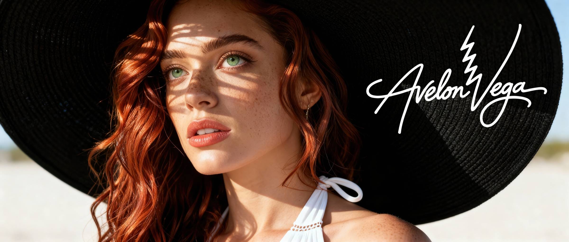 Avelon Vega wearing a wide black sunhat with golden sunlight casting soft shadows across her freckled face; cinematic close-up portrait with warm summer light.