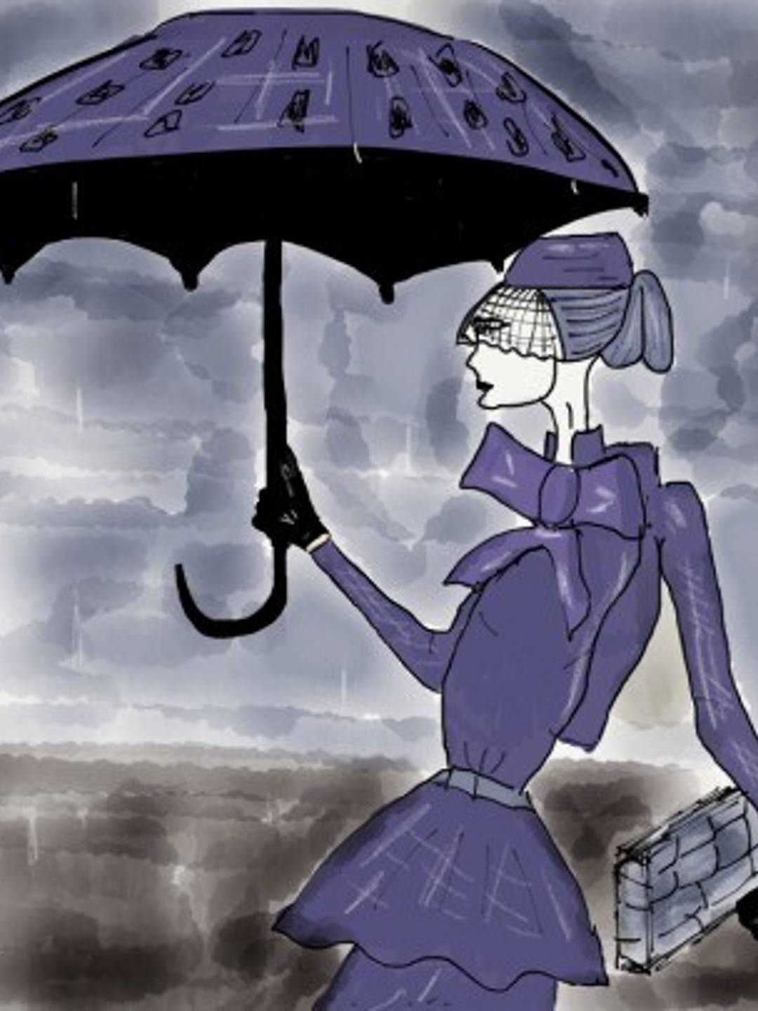 hand drawn lady carrying an umbrella in the rain