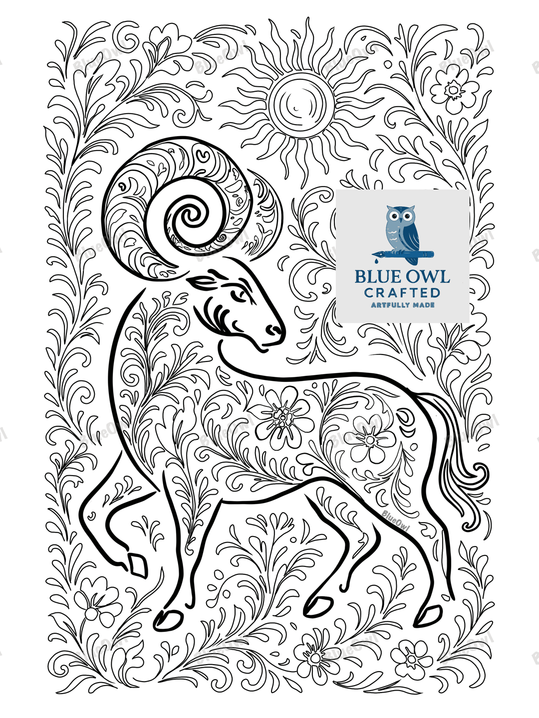 Aries the ram hand drawn folk style pattern depicting the zodiac symbol