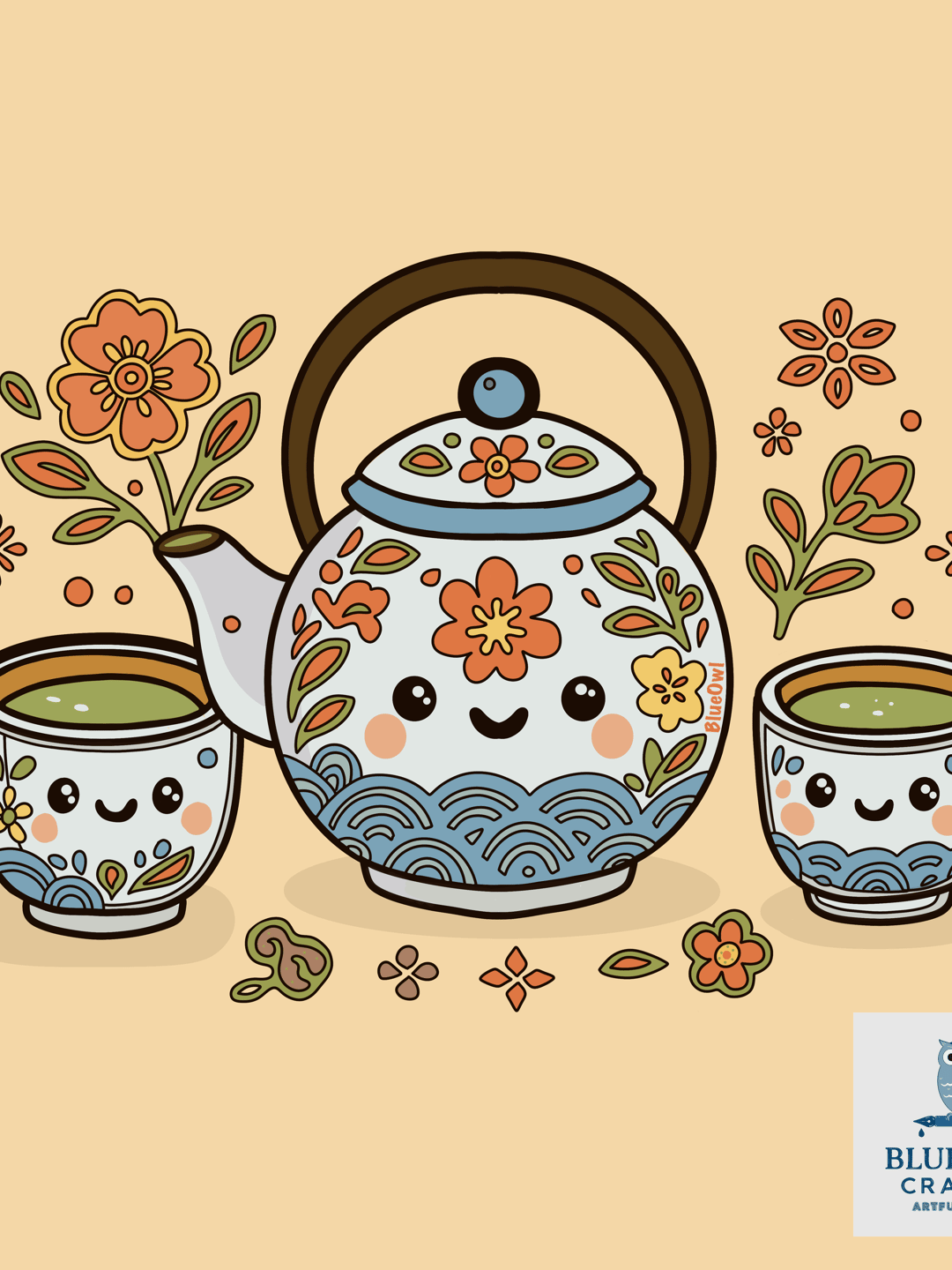 Hand drawn Kawaii tea set with cute faces
