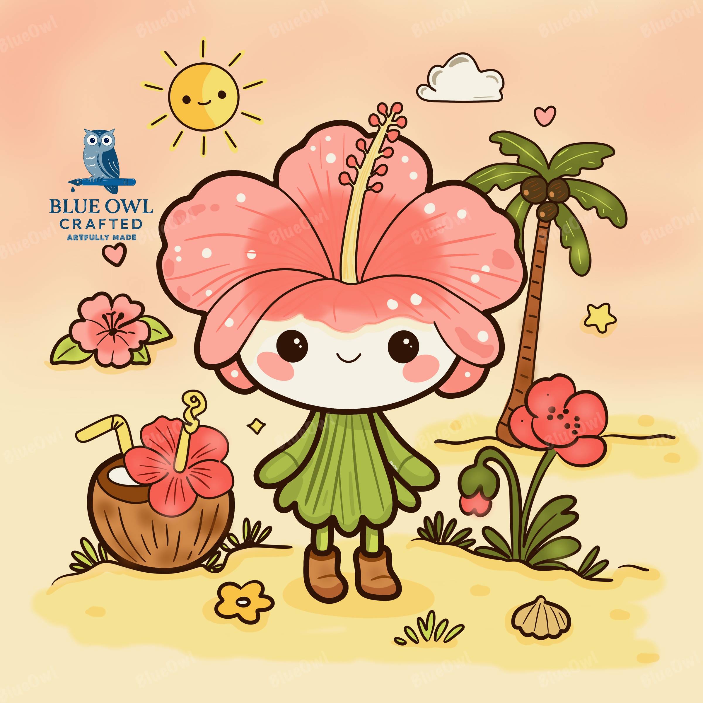 A hand-drawn flower character called Hibiscus. She's standing on the beach.