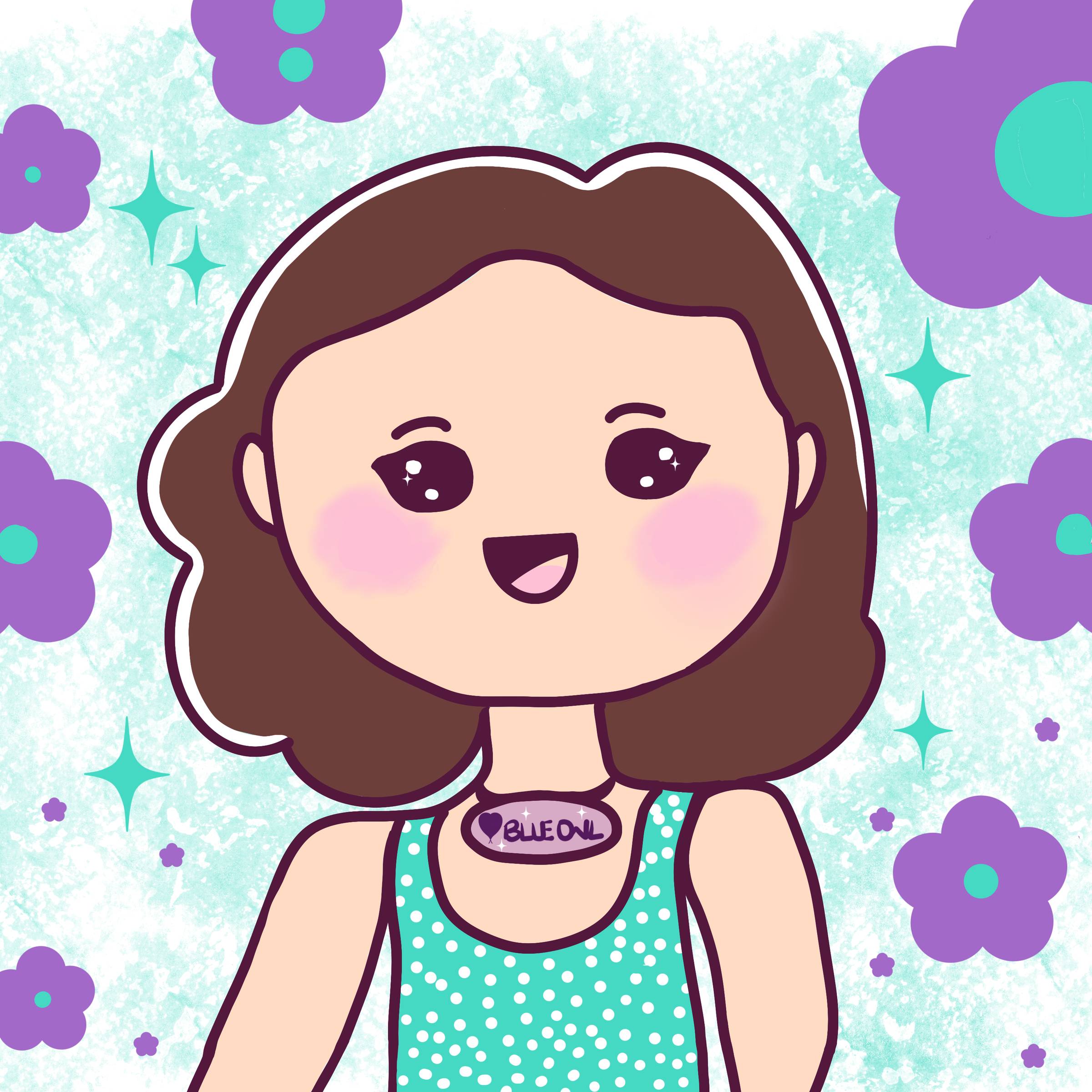 A hand drawn kawaii styled playful character of the artist behind Blue Owl. She has a necklace that says Blue Owl.