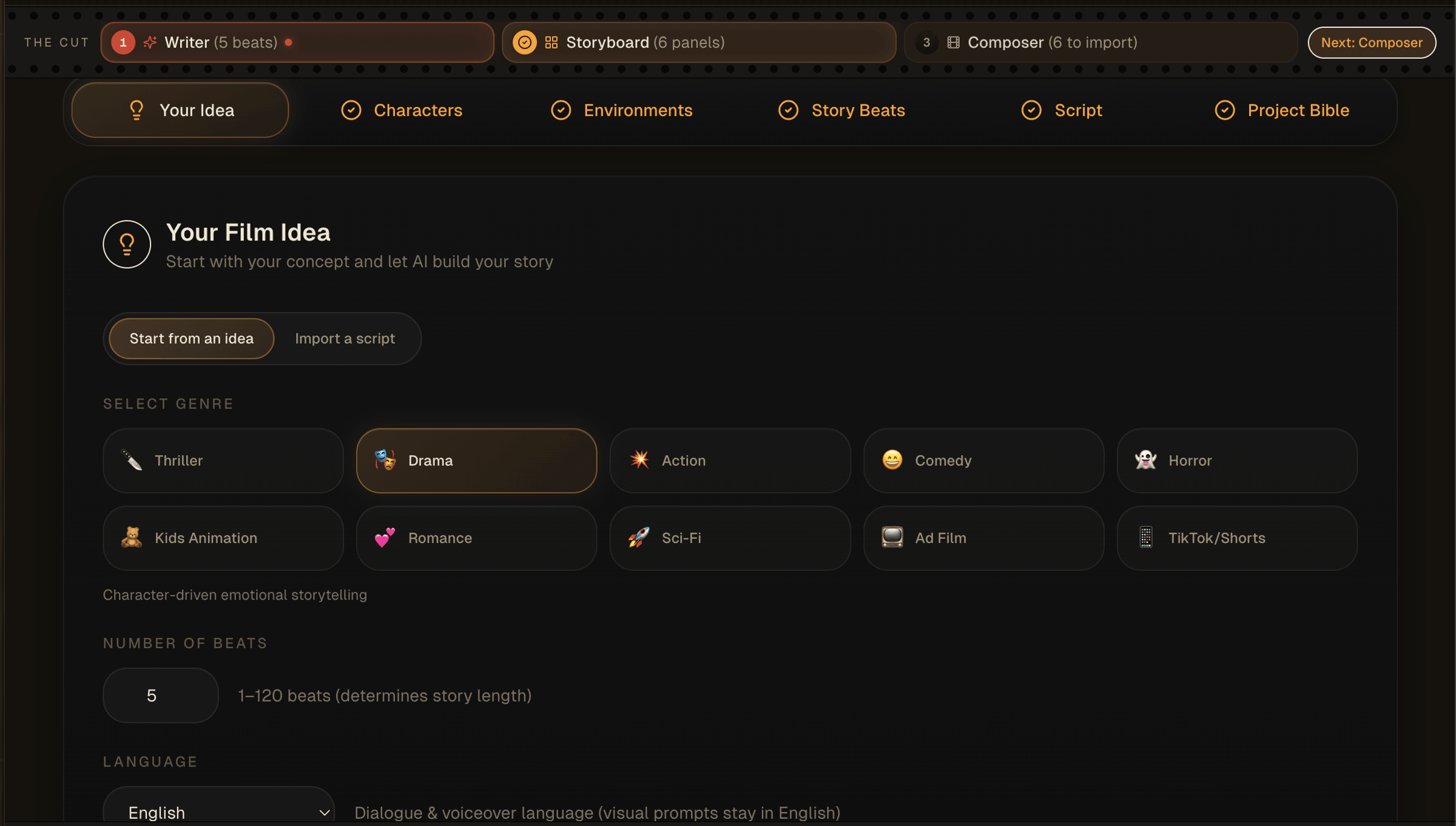 Writer module with genre, beats, language and logline