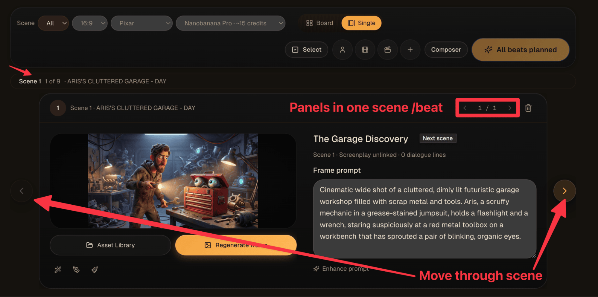 Storyboard header with scene and panel navigation