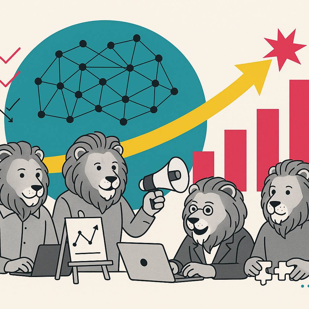 Four grayscale lions collaborate at a table as a yellow growth arrow and magenta bars signal outsized, scalable team impact