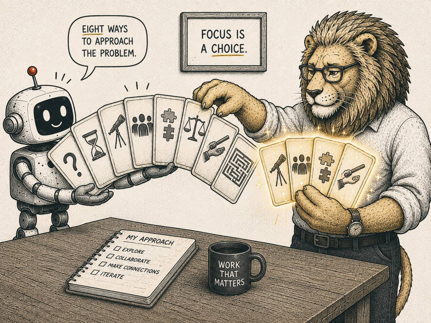 A friendly robot offers eight problem-solving cards while a lion selects four glowing choices, illustrating the human role in choosing how to approach a problem.