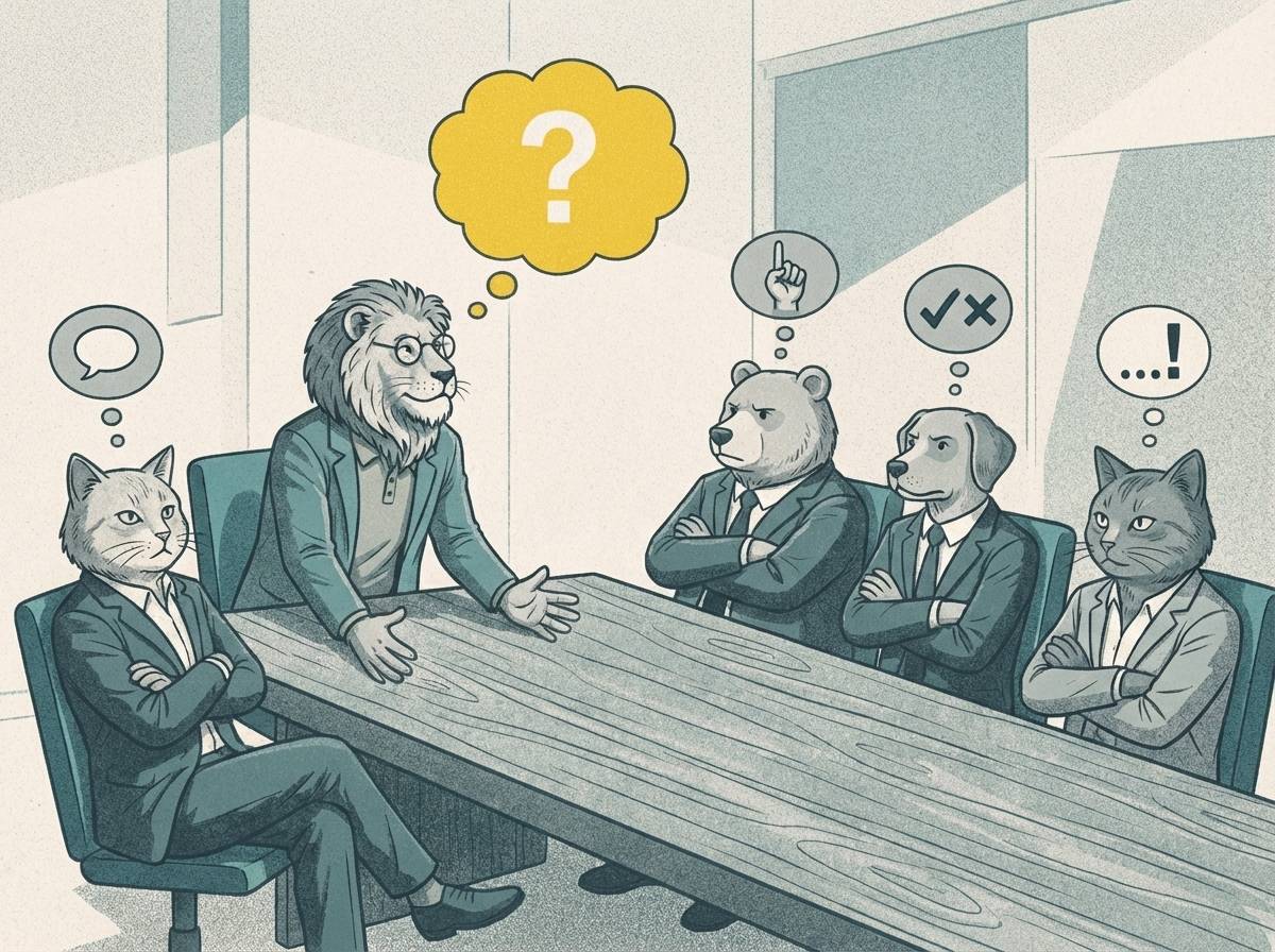 Editorial illustration of a meeting room with five animals in business attire around a conference table. A lion in glasses leans forward with a yellow question mark thought bubble, genuinely curious. The four other animals appear attentive but their thoug