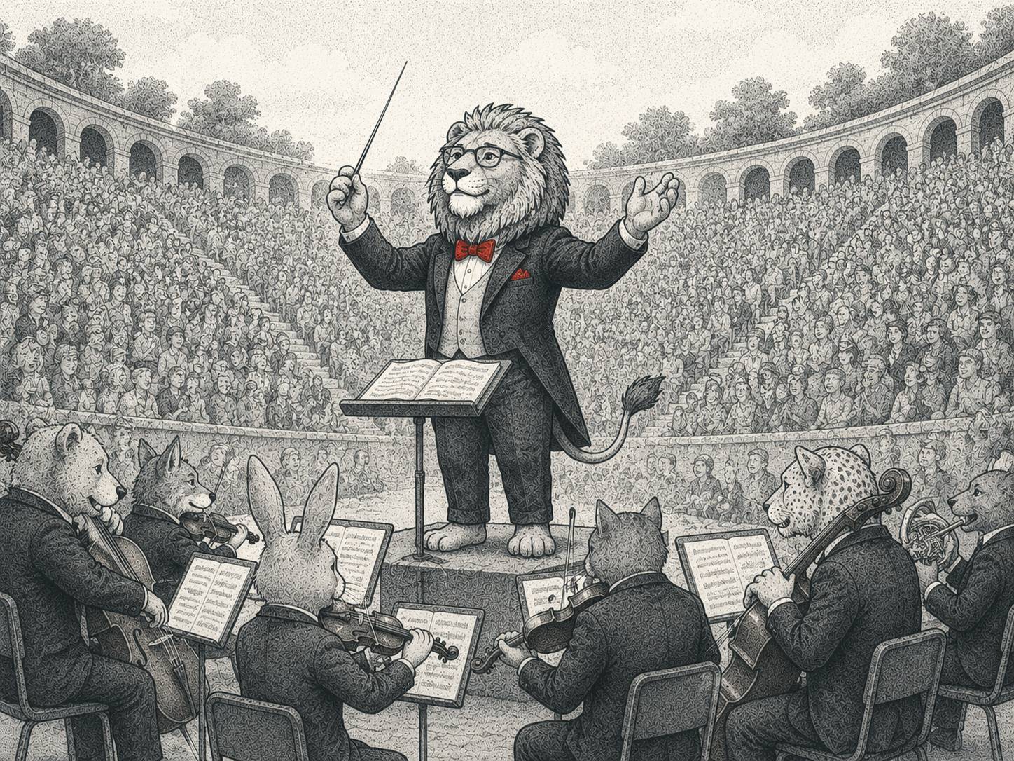 A lion conductor leads an orchestra before a packed amphitheater, raising a baton as musicians perform and thousands watch from the audience.
