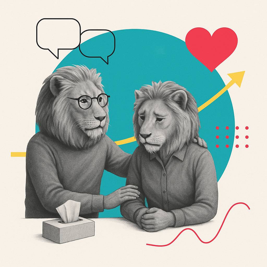 Two grayscale lions sit together; one rests a hand on the other’s shoulder in comfort, with a teal circle, red heart, and yellow upward line behind.