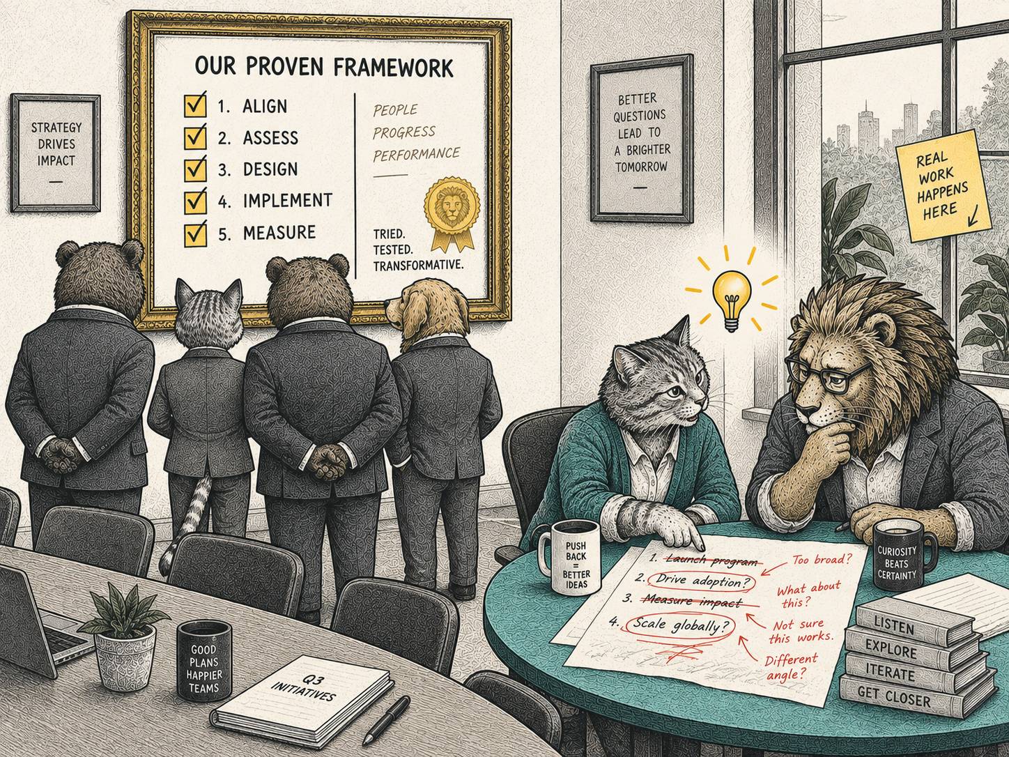 Four suited animals admire a polished five-step framework while a lion and cat at a nearby table challenge and revise a messy draft together