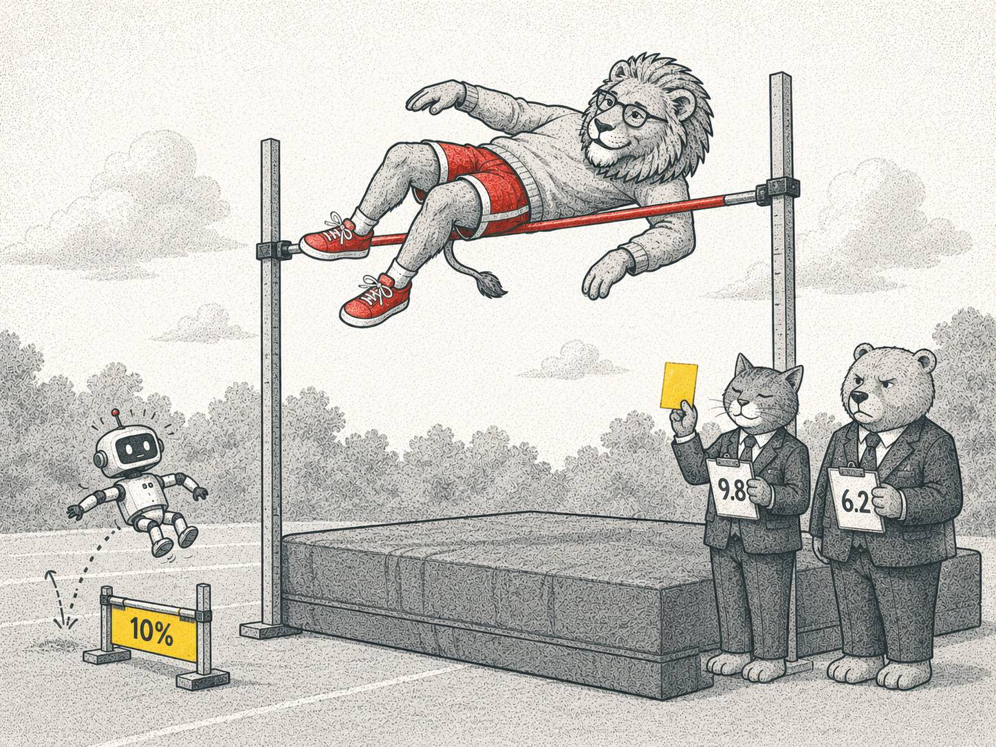 Lion in red shorts and sneakers clears a high jump bar with ease while a small robot struggles over a yellow ‘10%’ hurdle; cat and bear judges watch with scorecards.