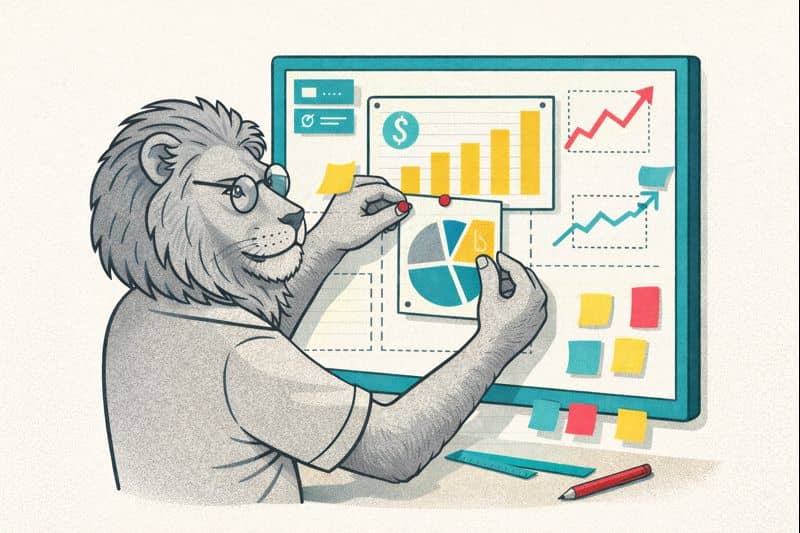Grayscale lion assembles a financial dashboard by hand, pinning charts and graphs to a teal-framed board with sticky notes and tools