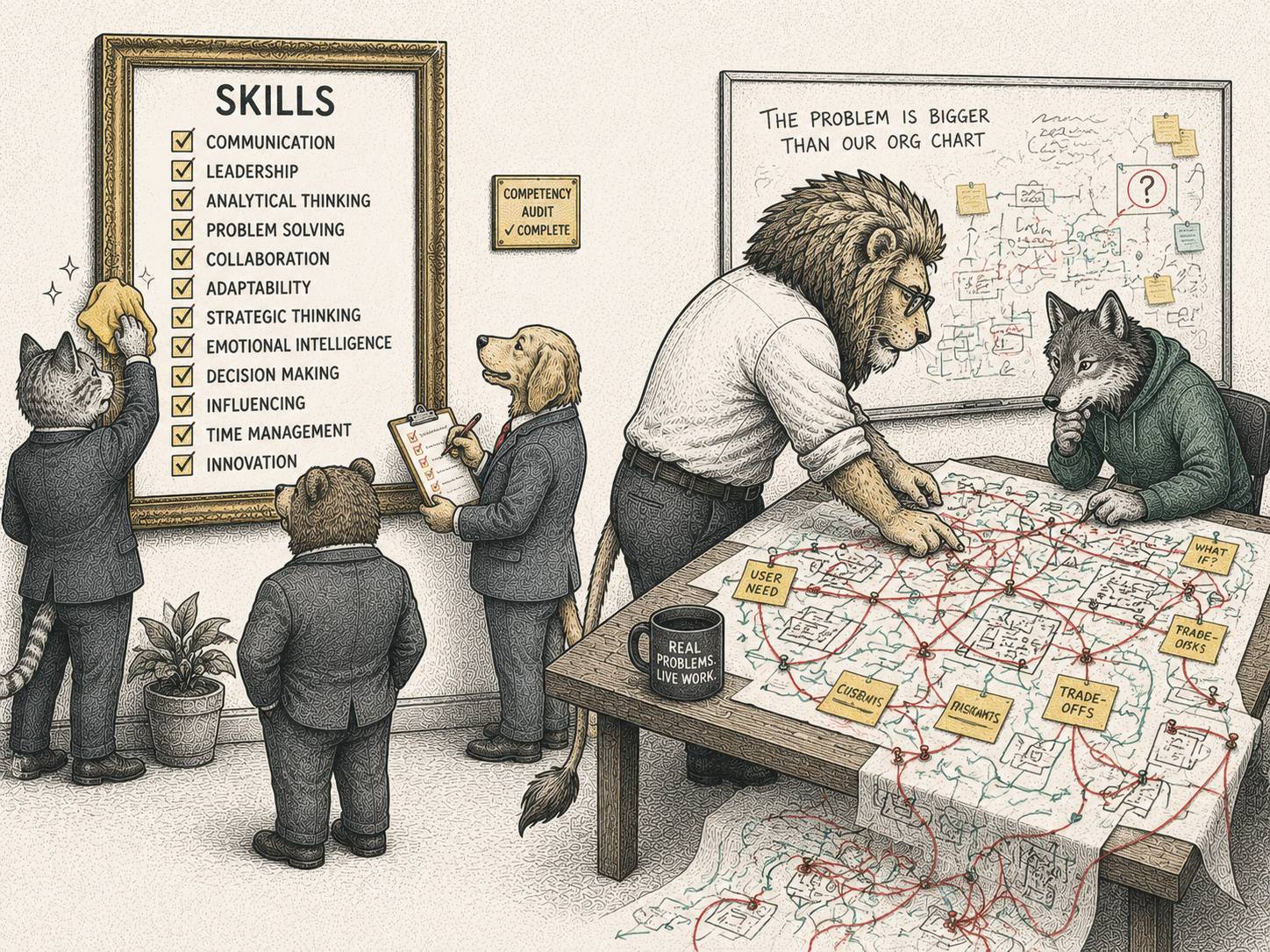 Three suited animals admire a framed skills checklist while, beside them, a lion and a colleague work through a sprawling, unfinished problem map that spills off the table, contrasting static audits with real work.