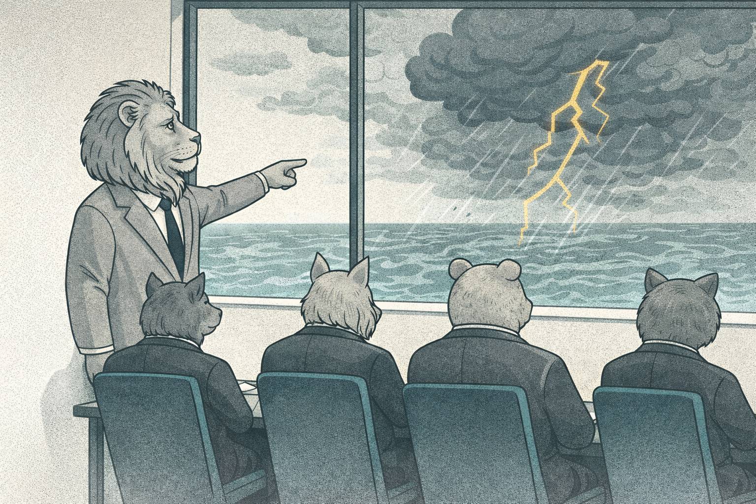Grayscale lion points to a storm with lightning outside a window while suited animals at a conference table face away, ignoring the warning