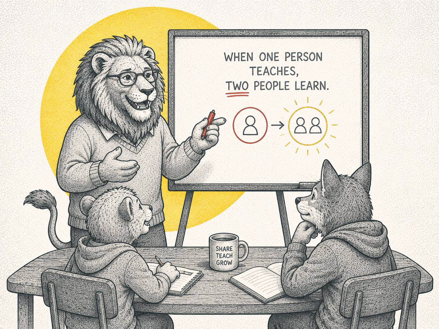 A lion teaches two students at a whiteboard, illustrating that when one person teaches, both the teacher and learner grow together.