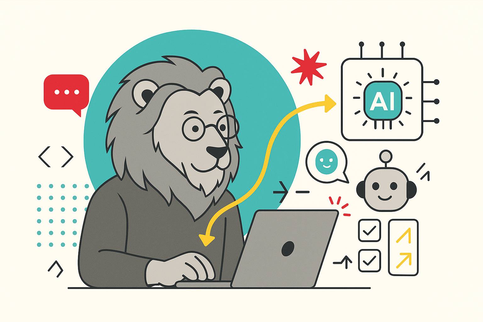 Grayscale lion with glasses works on a laptop; teal circle backdrop, yellow arrow points to an ‘AI’ chip, chatbot, and checklist icons