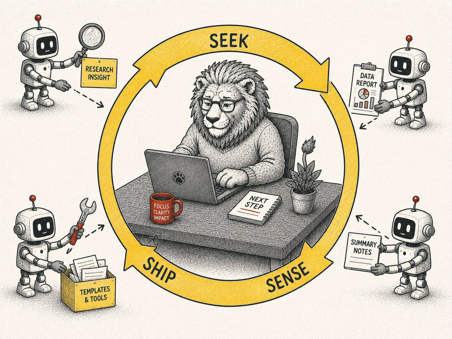 A lion works at a desk inside a circular Seek–Sense–Ship loop while friendly robots stand outside passing tools, research, and notes into the workflow.