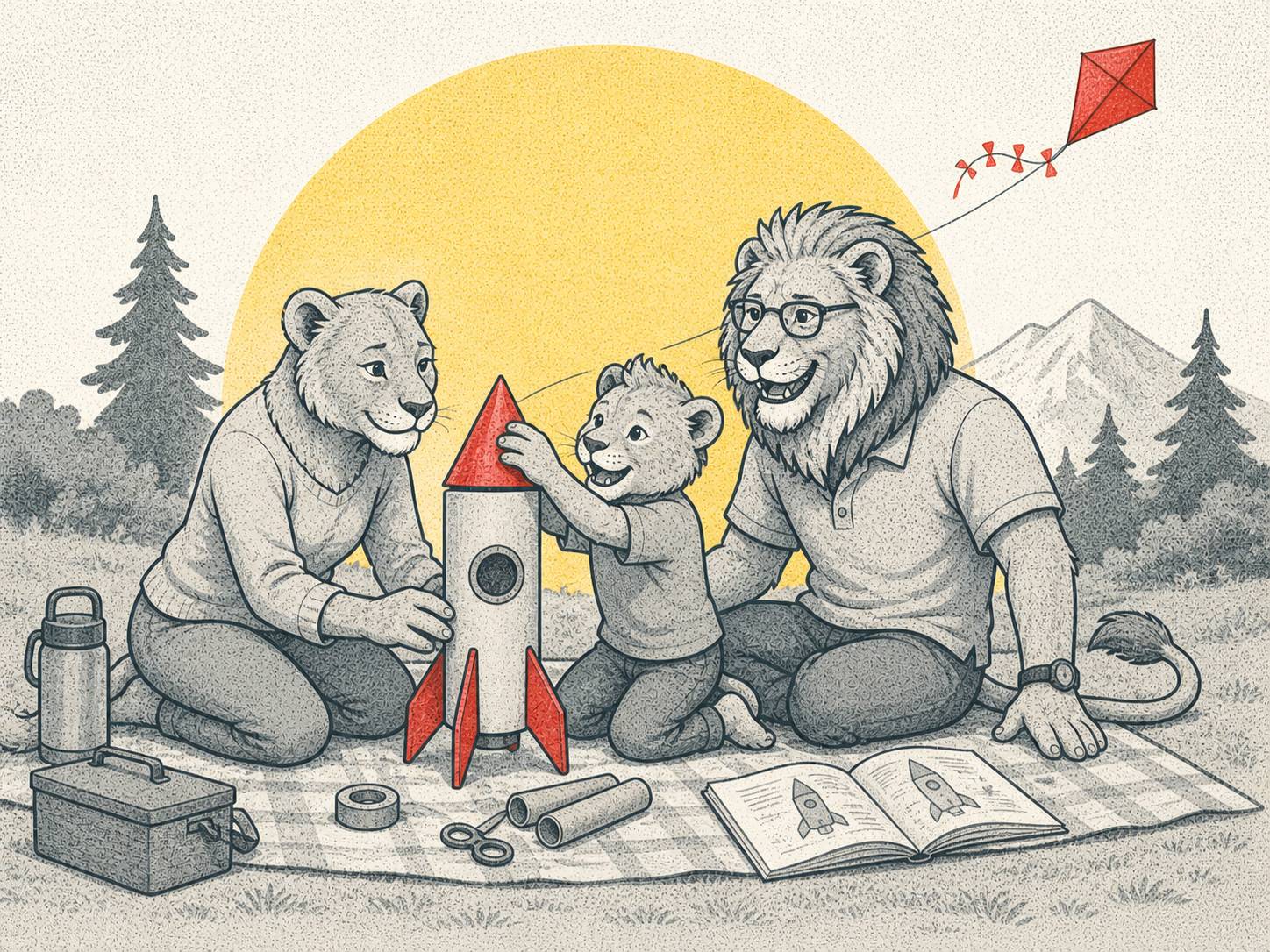 Grayscale lion family—parent lions and a young cub—sit together outdoors building a toy rocket, framed by a large yellow circle and a red kite overhead.