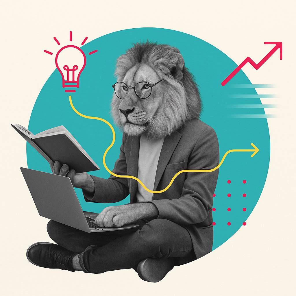 Grayscale lion sits cross-legged using a laptop while reading a book; a yellow line links book to a lightbulb over a teal circle, blurring work and learning
