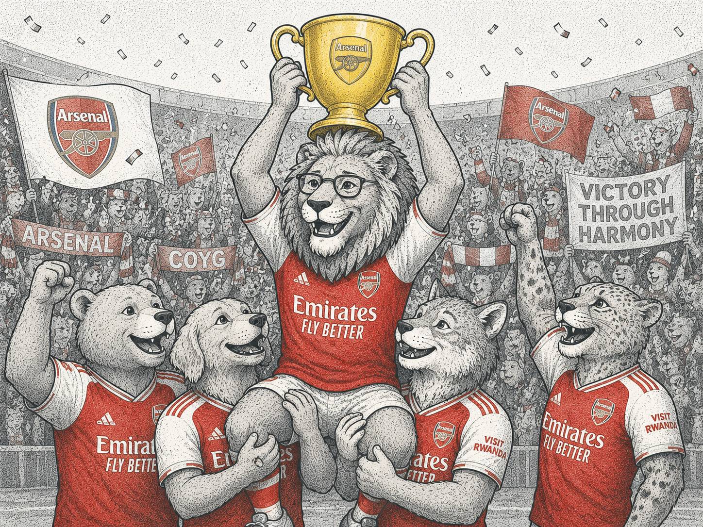 A lion in an Arsenal shirt lifts a trophy above cheering teammates as a stadium full of fans waves flags and celebrates around them.