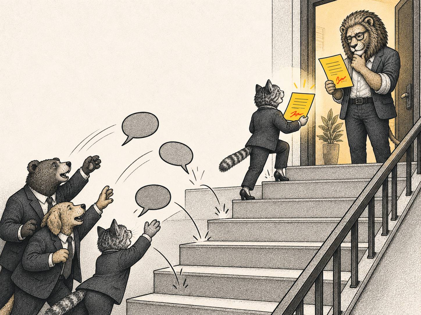 Three suited animals toss speech bubbles that fall short of a stairwell landing, while a young cat delivers a signed yellow document to a lion already reviewing it, illustrating the shift from opinions to decisions