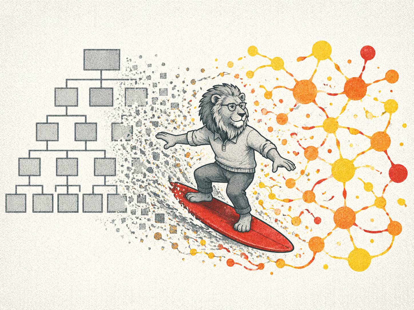 A grayscale org chart pyramid dissolves into a colorful network as a lion rides a red surfboard from rigid hierarchy into flowing connections.